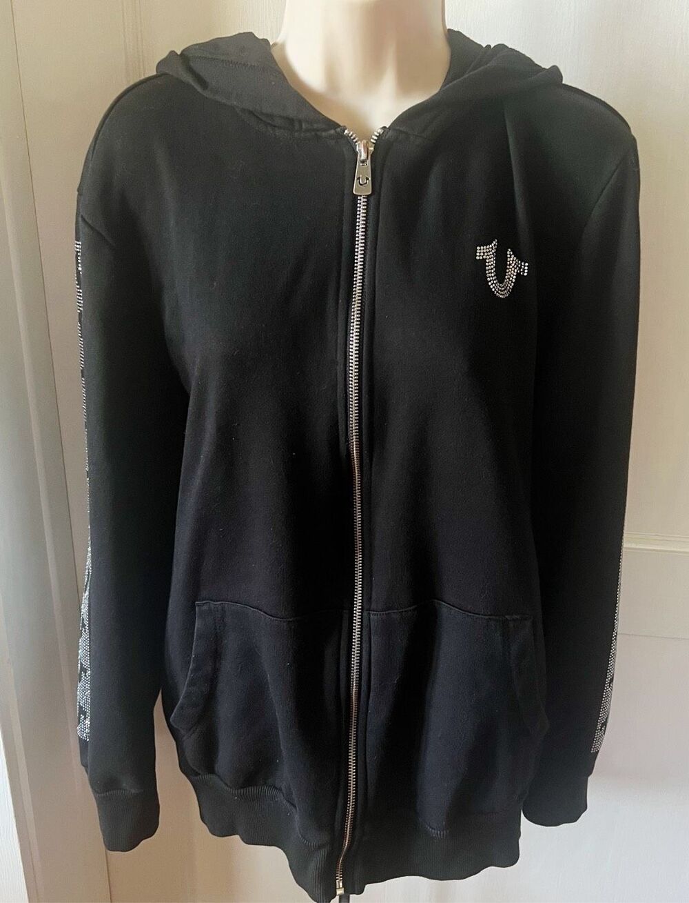 True Religion Rhinestone Studded Zip Up Hoodie Black Size Medium